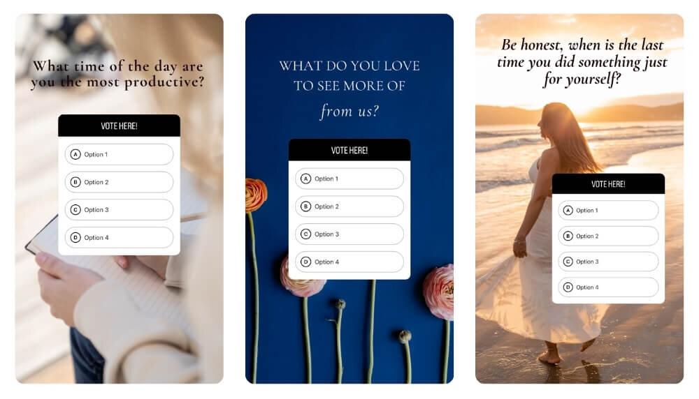 three examples of poll question story designs for Instagram