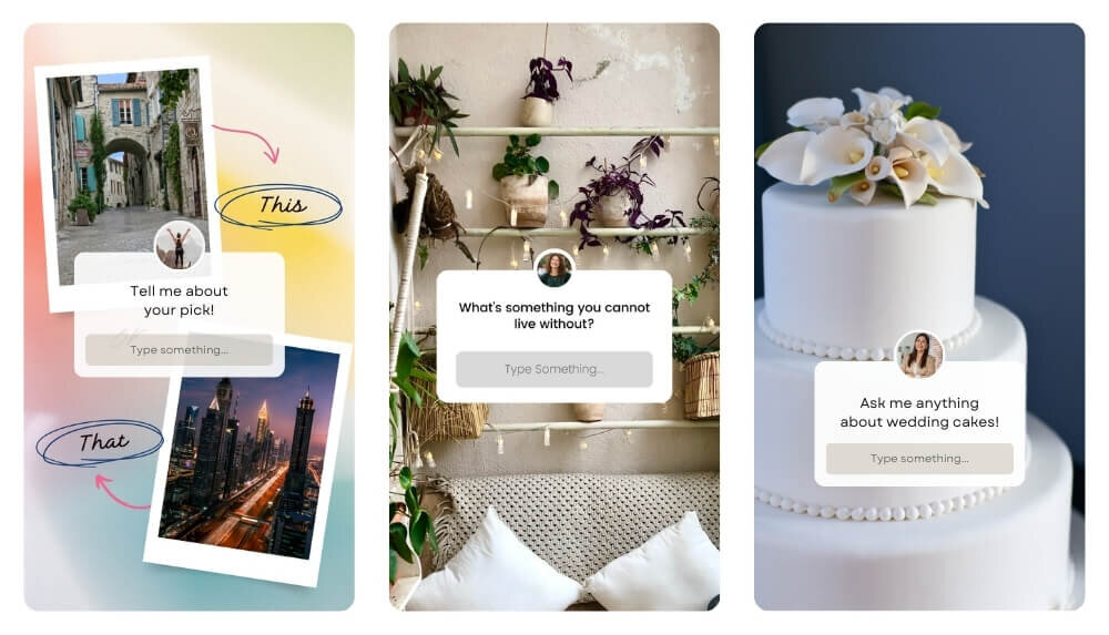 three examples of question sticker story designs for Instagram