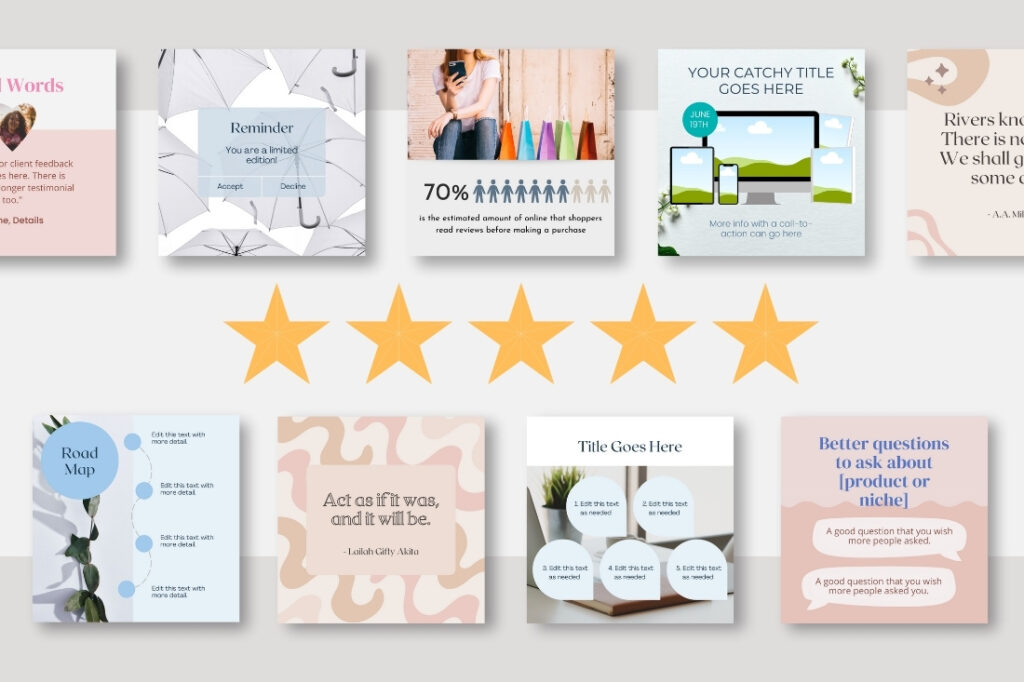 five stars reviews and several stylish Canva template graphics