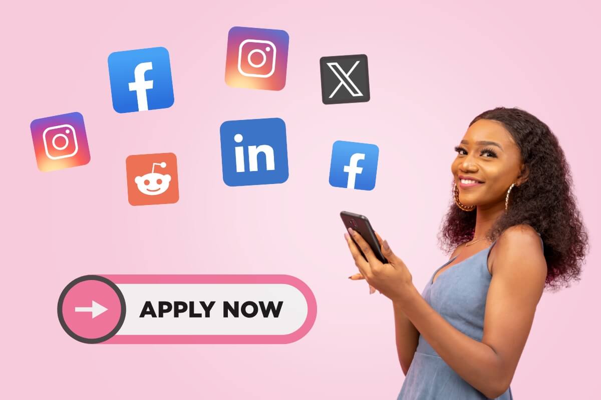 woman applying for jobs on with phone surrounded by social media icons