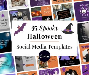 35 spooky Halloween social media Canva templates with bats and witches hat