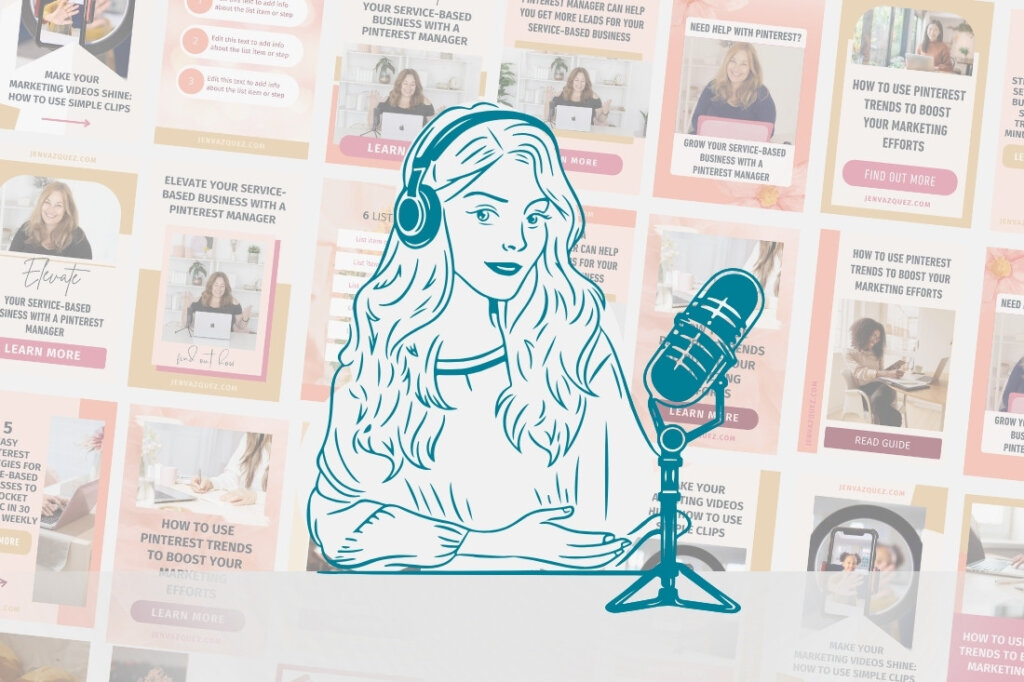 line drawing of female podcaster and business woman against a backdrop of Pinterest pin designs