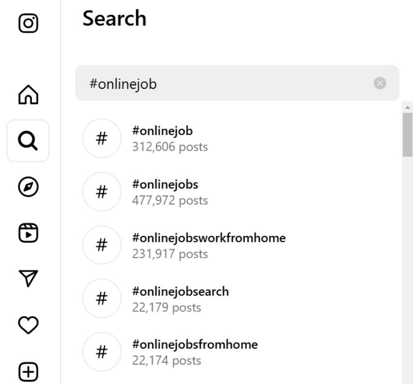 screenshot Instagram job hashtags search
