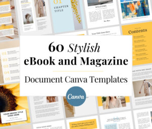 60 stylish ebook and magazine Canva templates title and example pages