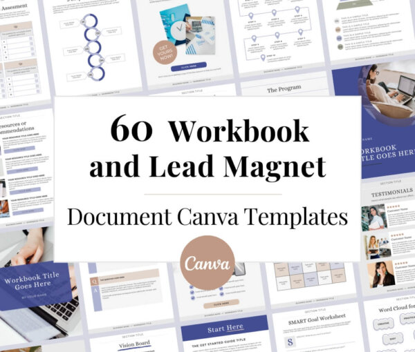 60 workbook and lead magnet document Canva templates product title image with page examples